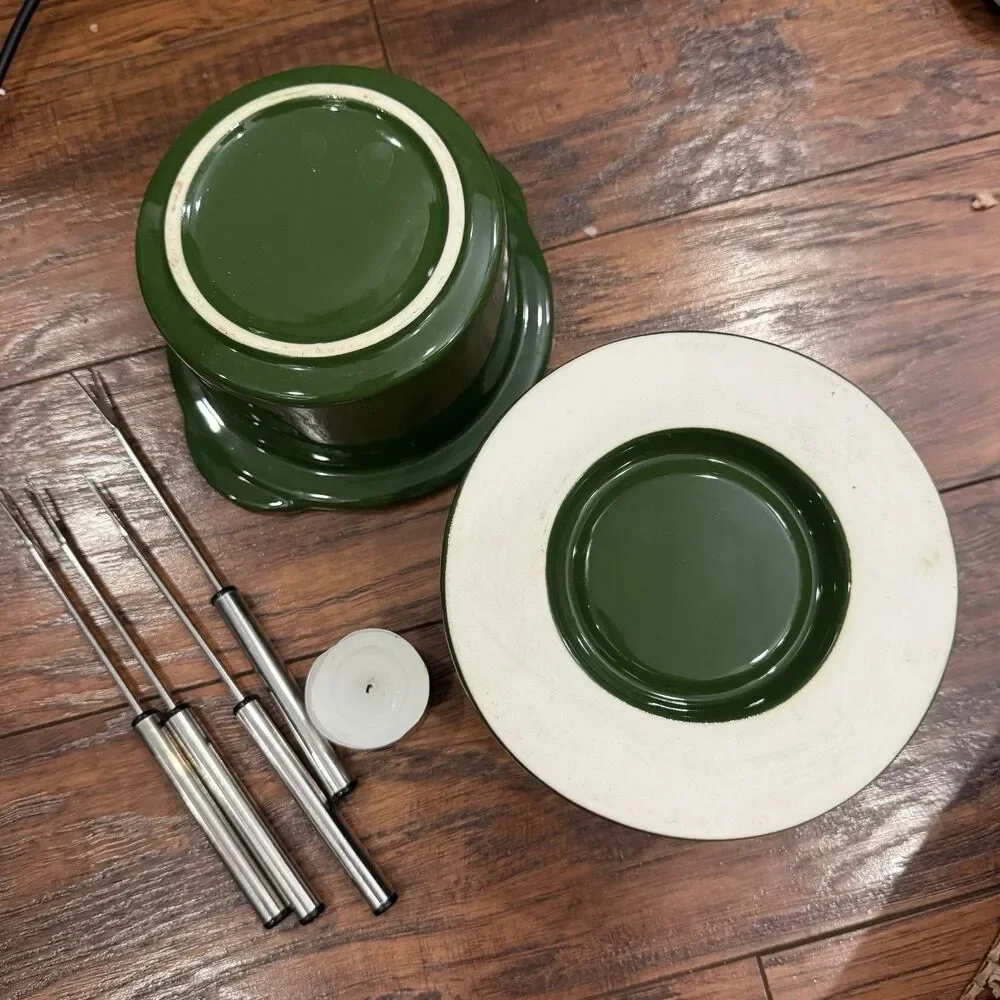 Swissmar Lily Chocolate Fondue Set Green Ceramic Pot Base 4 Forks Tea Light, D6